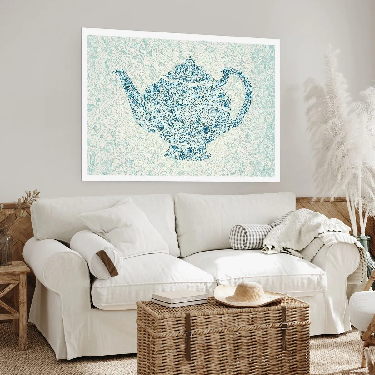 Poster - Dekorative Zeichnung einer Teekanne mit blauen Ornamenten - 100x70cm - Tee-Charm - Moderne Wanddekoration für Wohnzimmer und Schlafzimmer ARTTOR