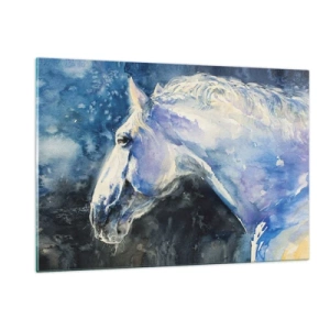 Glasbild - Bild auf glas - Aquarellporträt eines Pferdes in Blautönen - 120x80cm - Porträt in blauem Glanz - Moderne Wanddekoration für Wohnzimmer und Schlafzimmer ARTTOR