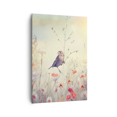 Bild auf Leinwand - Leinwandbild - Ein Vogel vor dem Hintergrund einer bunten Wiese in Pastellfarben - 70x100cm - Vogelporträt mit einer Wiese im Hintergrund - Moderne Wanddekoration für Wohnzimmer und Schlafzimmer ARTTOR