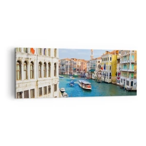 Bild auf Leinwand - Leinwandbild - Ein venezianischer Kanal mit einer Gondel und farbenfrohen Gebäuden - 140x50cm - Der einzigartige Verkehr der Welt - Moderne Wanddekoration für Wohnzimmer und Schlafzimmer ARTTOR