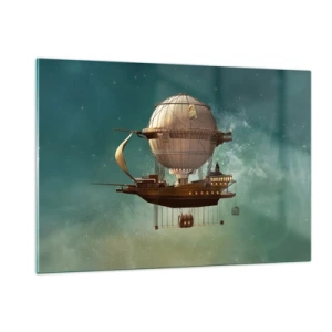 Glasbild - Bild auf glas - Ein fliegendes Luftschiff mit einem Haus im Retro-Stil am Himmel - 120x80cm - Jules Verne sagt Hallo - Moderne Wanddekoration für Wohnzimmer und Schlafzimmer ARTTOR