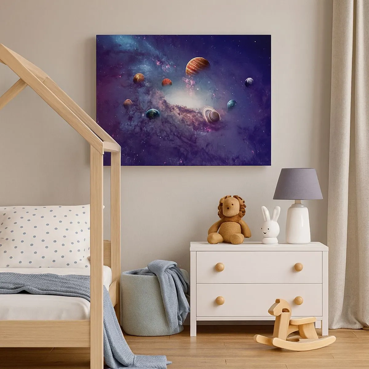 Bild auf Leinwand - Leinwandbild - Planeten in einer Galaxie mit einem Nebel im Hintergrund - 70x50cm - Solar-Tanz-System - Moderne Wanddekoration für Wohnzimmer und Schlafzimmer ARTTOR