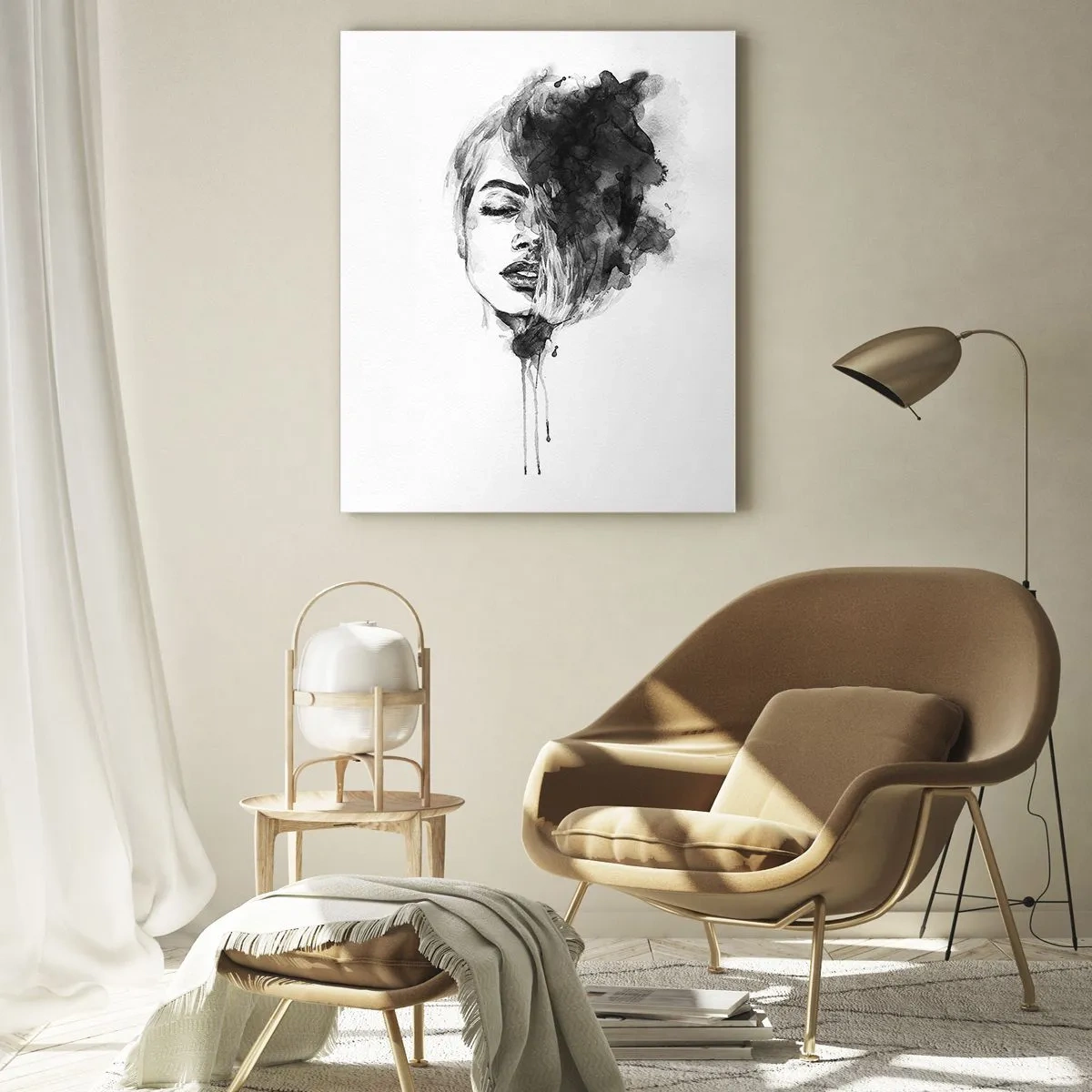 Glasbild - Bild auf glas - Schwarz-Weiß-Porträt einer Frau mit abstraktem Schatten - 50x70cm - Wovon träumt das Mädchen - Moderne Wanddekoration für Wohnzimmer und Schlafzimmer ARTTOR