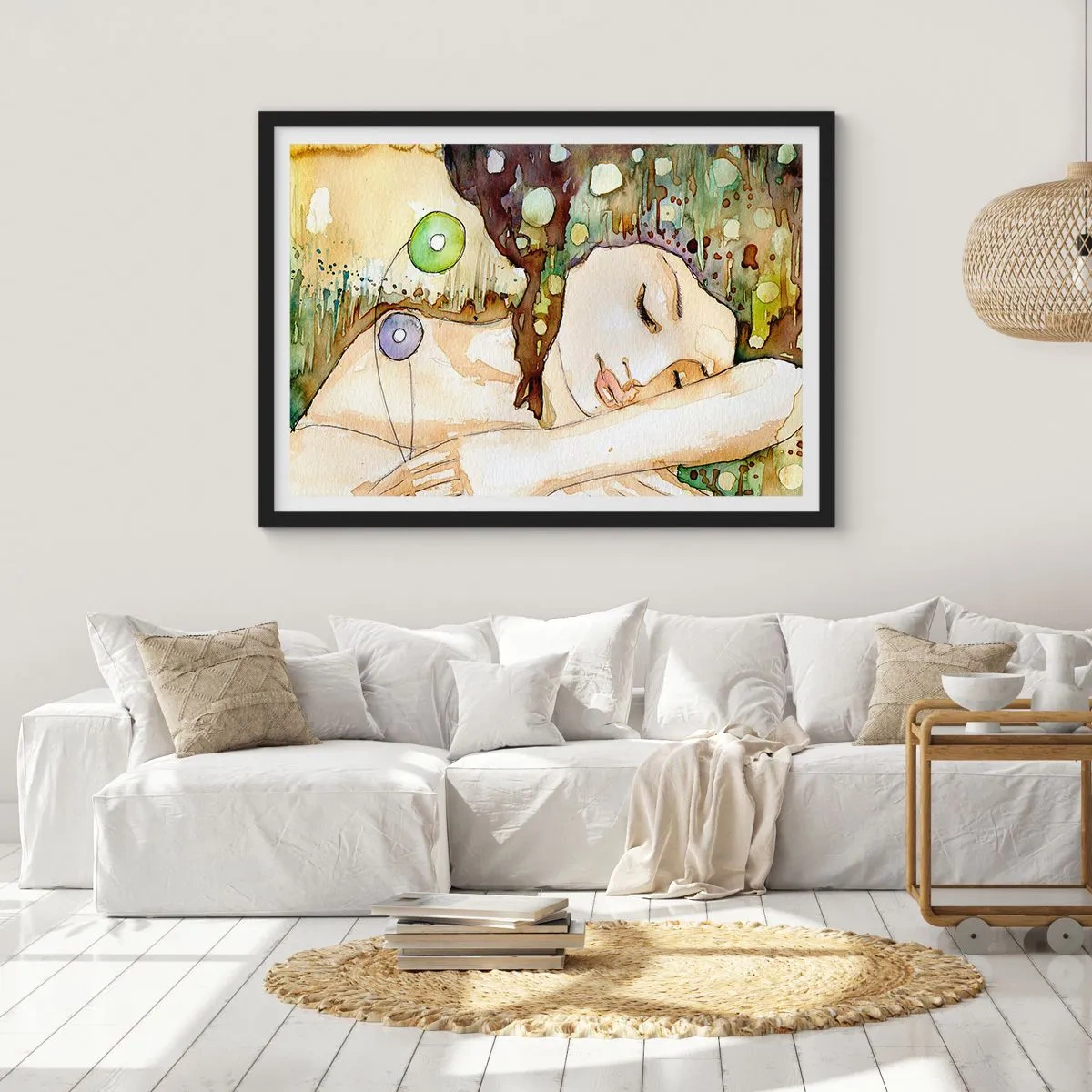 Poster in einem schwarzem Rahmen - Eine träumende Frau, umgeben von abstrakten Formen und Farben. - 70x50cm - Ein smaragd-violetter Traum - Moderne Wanddekoration für Wohnzimmer und Schlafzimmer ARTTOR