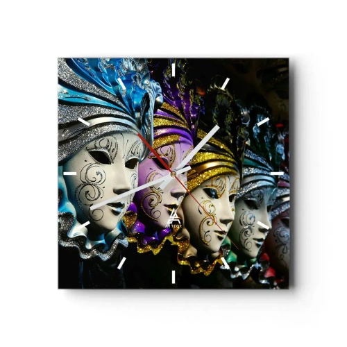 Wanduhr - Glasuhr - Venezianische Masken in verschiedenen Farben mit dekorativen Mustern - 30x30cm - Geheimnis in Gold und Silber - Moderne Wanddekoration für Wohnzimmer und Schlafzimmer ARTTOR