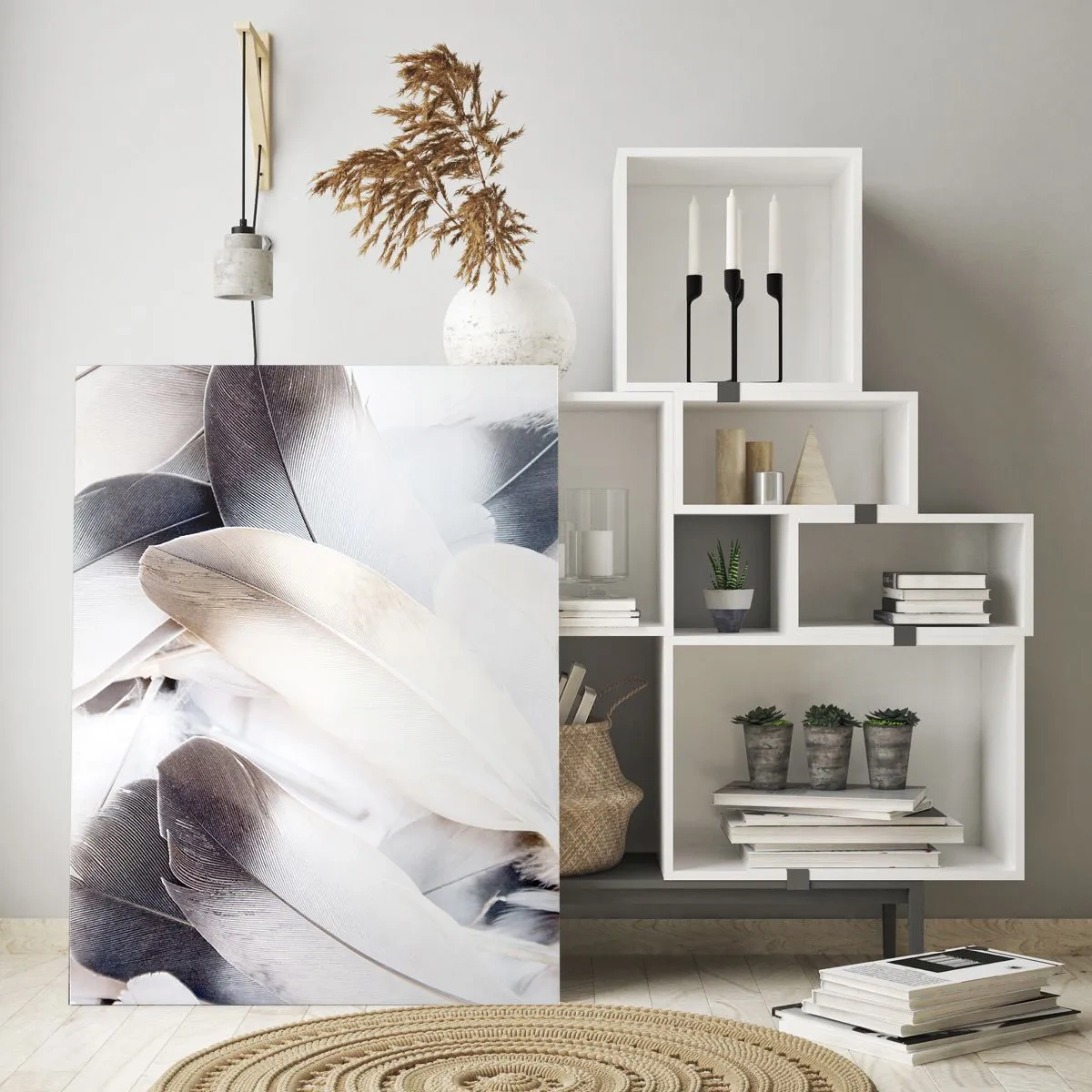 Glasbild - Bild auf glas - Nahaufnahme zarter Federn in Weiß- und Grautönen - 80x120cm - Fast engelhaft - Moderne Wanddekoration für Wohnzimmer und Schlafzimmer ARTTOR