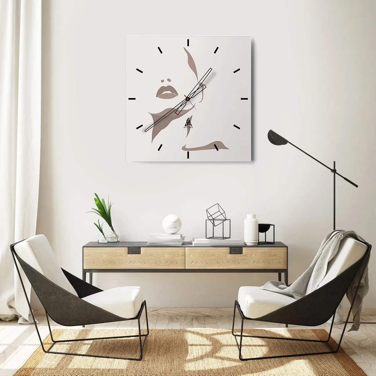 Wanduhr - Glasuhr - Minimalistische Kontur eines Frauengesichts in zarten Beigetönen - 30x30cm - Aus Licht und Schatten - Moderne Wanddekoration für Wohnzimmer und Schlafzimmer ARTTOR