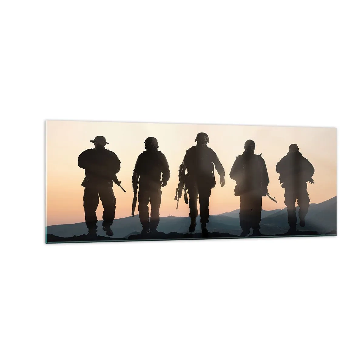 Glasbild - Bild auf glas - Silhouetten von Soldaten und Kampfjets vor dem Hintergrund des Sonnenuntergangs - 140x50cm - Willkommen in unserer Welt - Moderne Wanddekoration für Wohnzimmer und Schlafzimmer ARTTOR