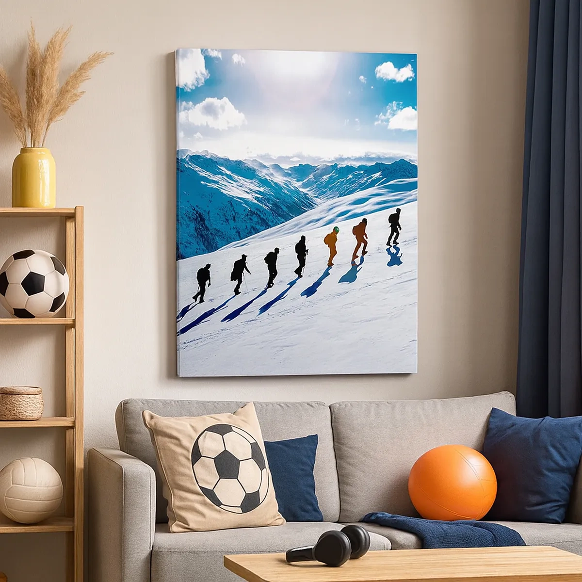 Bild auf Leinwand - Leinwandbild - Eine Gruppe von Bergsteigern wandert einen schneebedeckten Hang hinauf - 50x70cm - Das Team der Eroberer - Moderne Wanddekoration für Wohnzimmer und Schlafzimmer ARTTOR