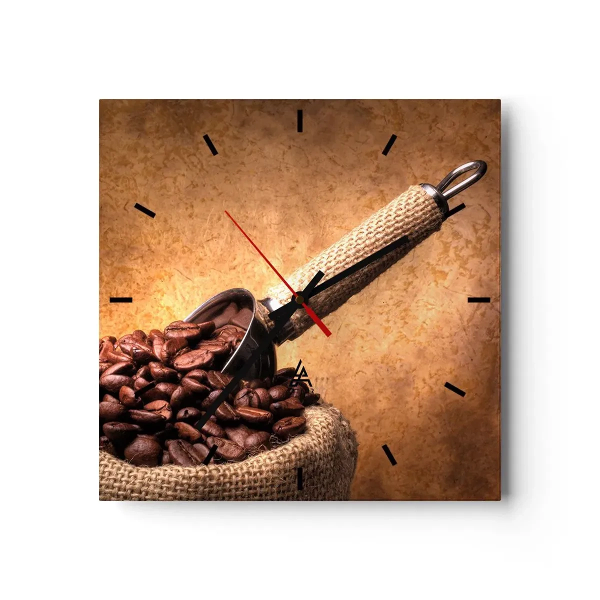 Wanduhr - Glasuhr - Kaffeebohnen in einem Jutebeutel mit einem Metalllöffel - 30x30cm - An der Quelle des Geschmacks - Moderne Wanddekoration für Wohnzimmer und Schlafzimmer ARTTOR
