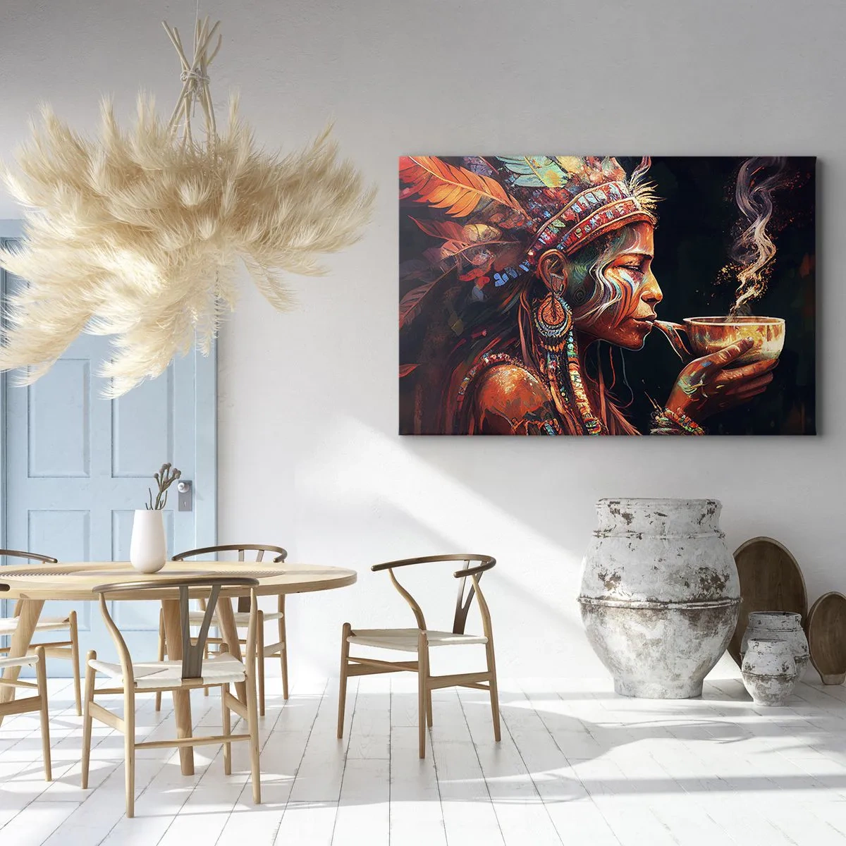 Bild auf Leinwand - Leinwandbild - Eine farbenfrohe Figur im Ethno-Stil mit einer Tasse dampfenden Getränks - 70x50cm - Magisches Ritual - Moderne Wanddekoration für Wohnzimmer und Schlafzimmer ARTTOR