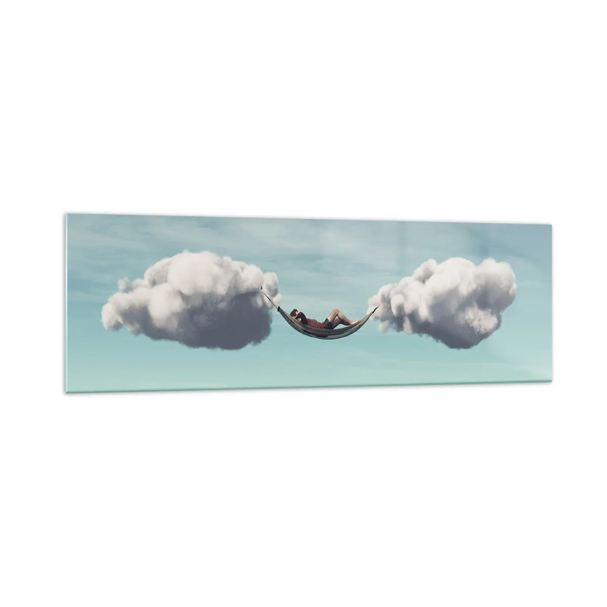 Glasbild - Bild auf glas - Eine Person entspannt in einer Hängematte in den Wolken - 160x50cm - Die Behaglichkeit des Augenblicks - Moderne Wanddekoration für Wohnzimmer und Schlafzimmer ARTTOR