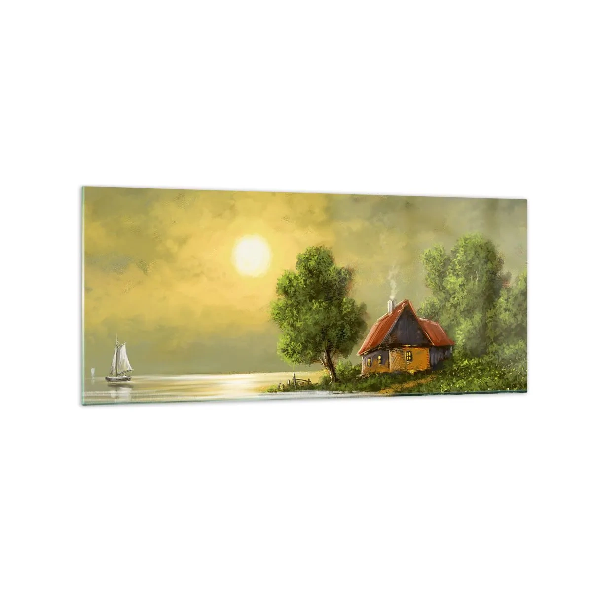 Glasbild - Bild auf glas - Seehaus im Abendlicht - 120x50cm - Schön, wie ein Bild - Moderne Wanddekoration für Wohnzimmer und Schlafzimmer ARTTOR