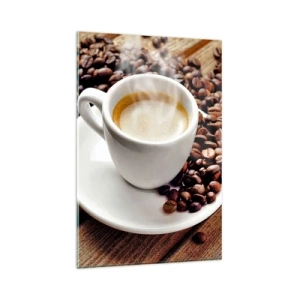 Glasbild - Bild auf glas - Eine Tasse aromatischen Kaffee vor dem Hintergrund von Bohnen und einem Blatt - 80x120cm - Kaffee auf der Bank - Moderne Wanddekoration für Wohnzimmer und Schlafzimmer ARTTOR