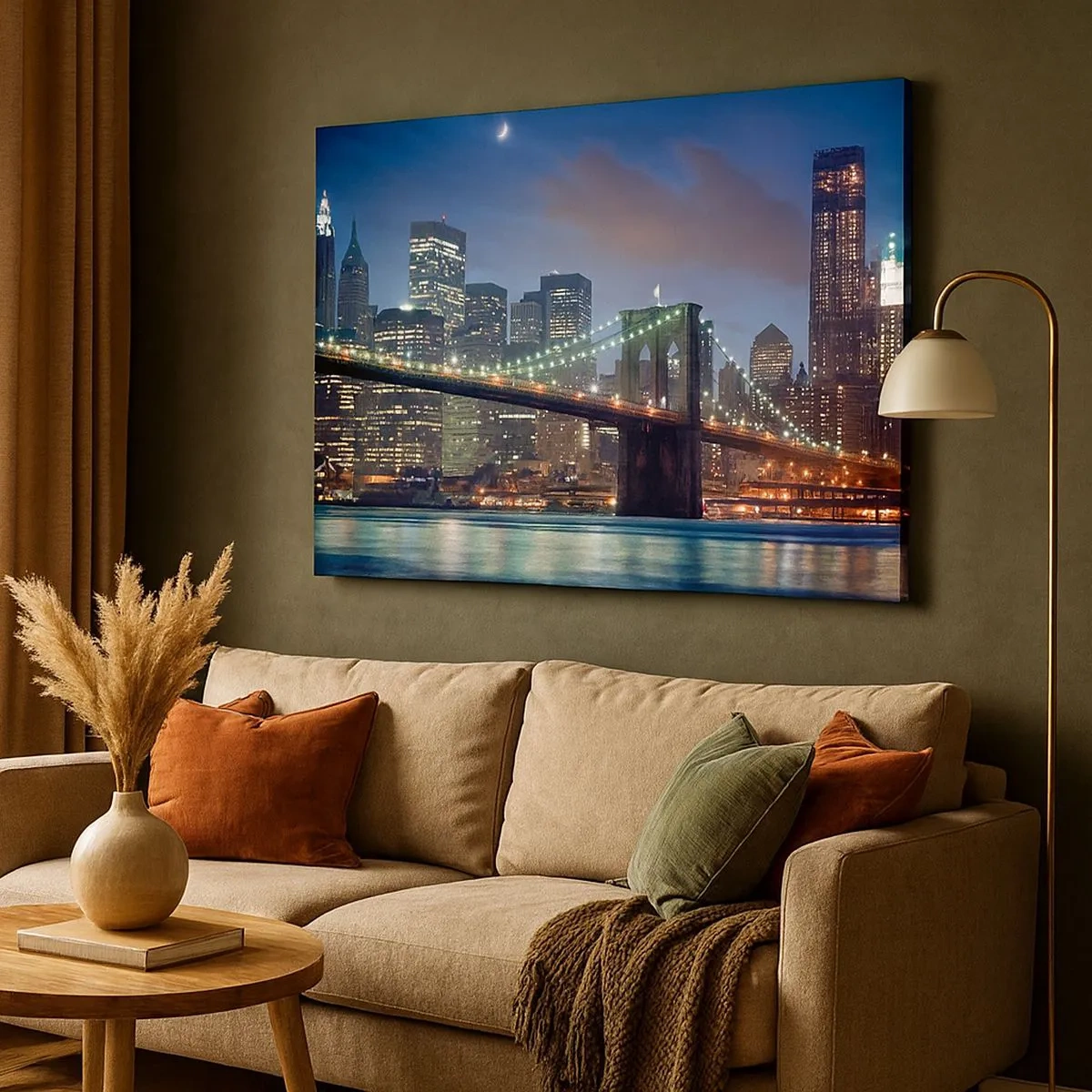 Bild auf Leinwand - Leinwandbild - New York City Bridge bei Nacht mit beleuchteten Gebäuden - 70x50cm - Leuchtende Nacht - Moderne Wanddekoration für Wohnzimmer und Schlafzimmer ARTTOR