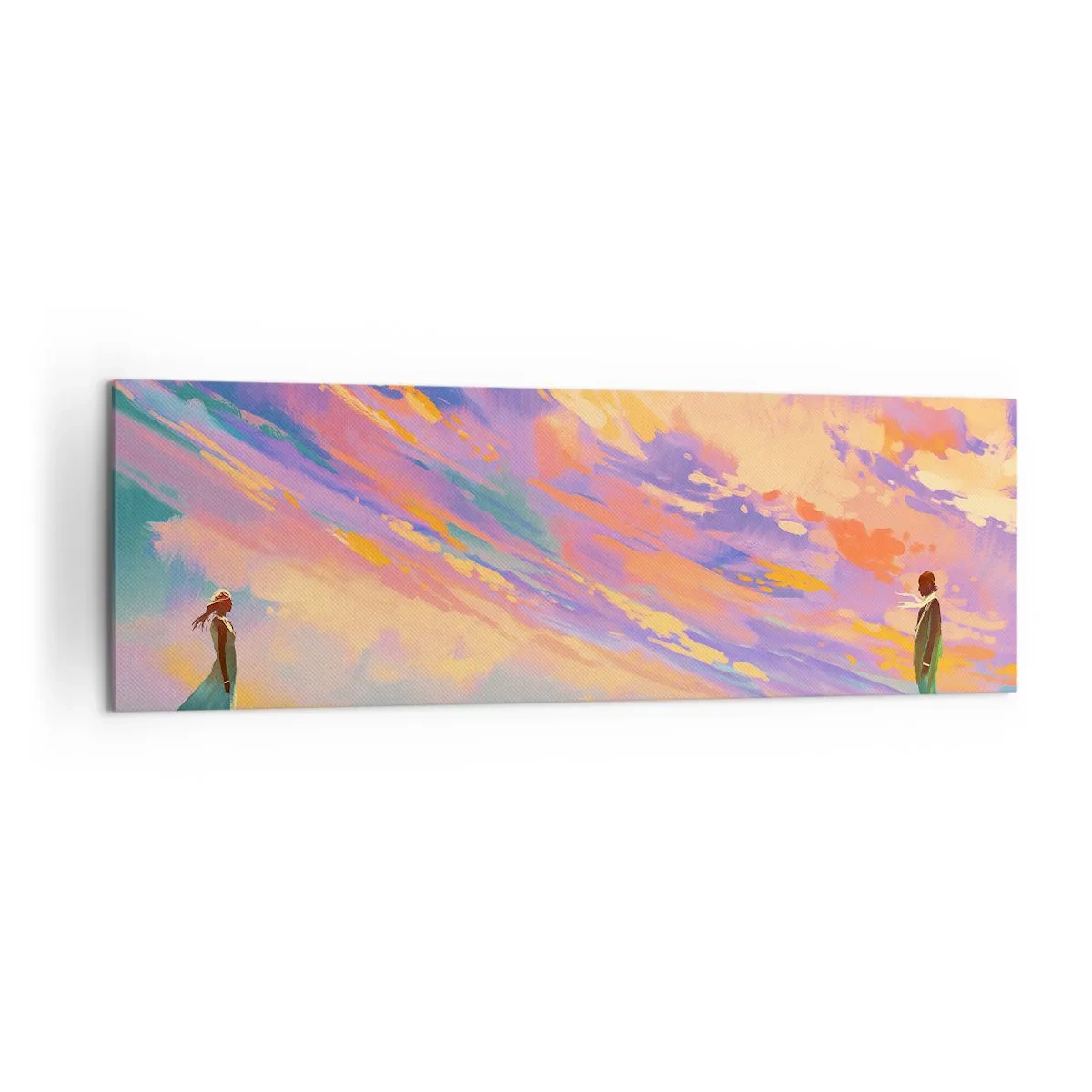 Bild auf Leinwand - Leinwandbild - Eine dynamische Szene mit Figuren vor einem farbenfrohen Sonnenuntergangshimmel - 160x50cm - Die Anziehungskraft - Moderne Wanddekoration für Wohnzimmer und Schlafzimmer ARTTOR