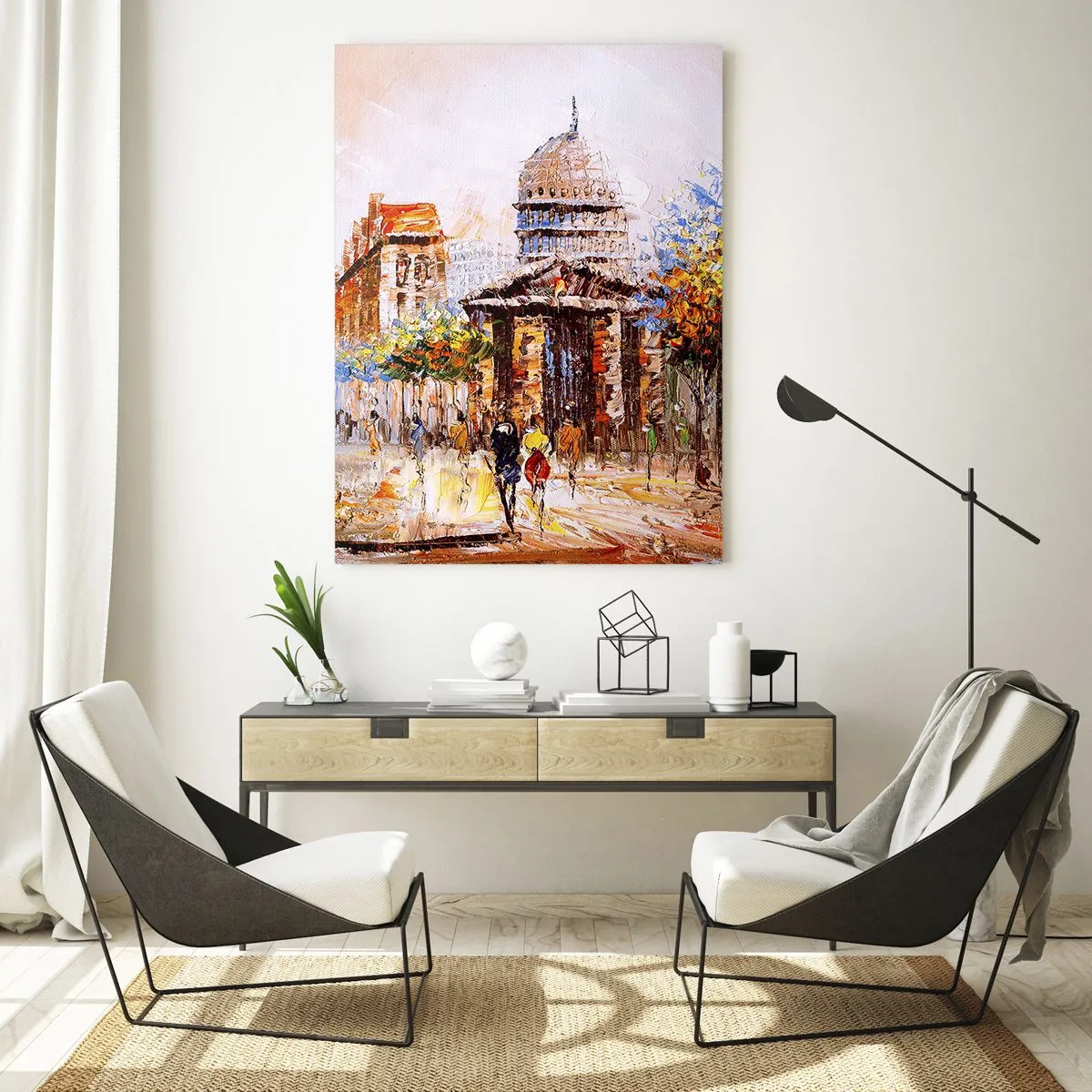 Glasbild - Bild auf glas - Impressionistische Stadtszene mit historischem Gebäude - 70x100cm - Pariser Spaziergang - Moderne Wanddekoration für Wohnzimmer und Schlafzimmer ARTTOR