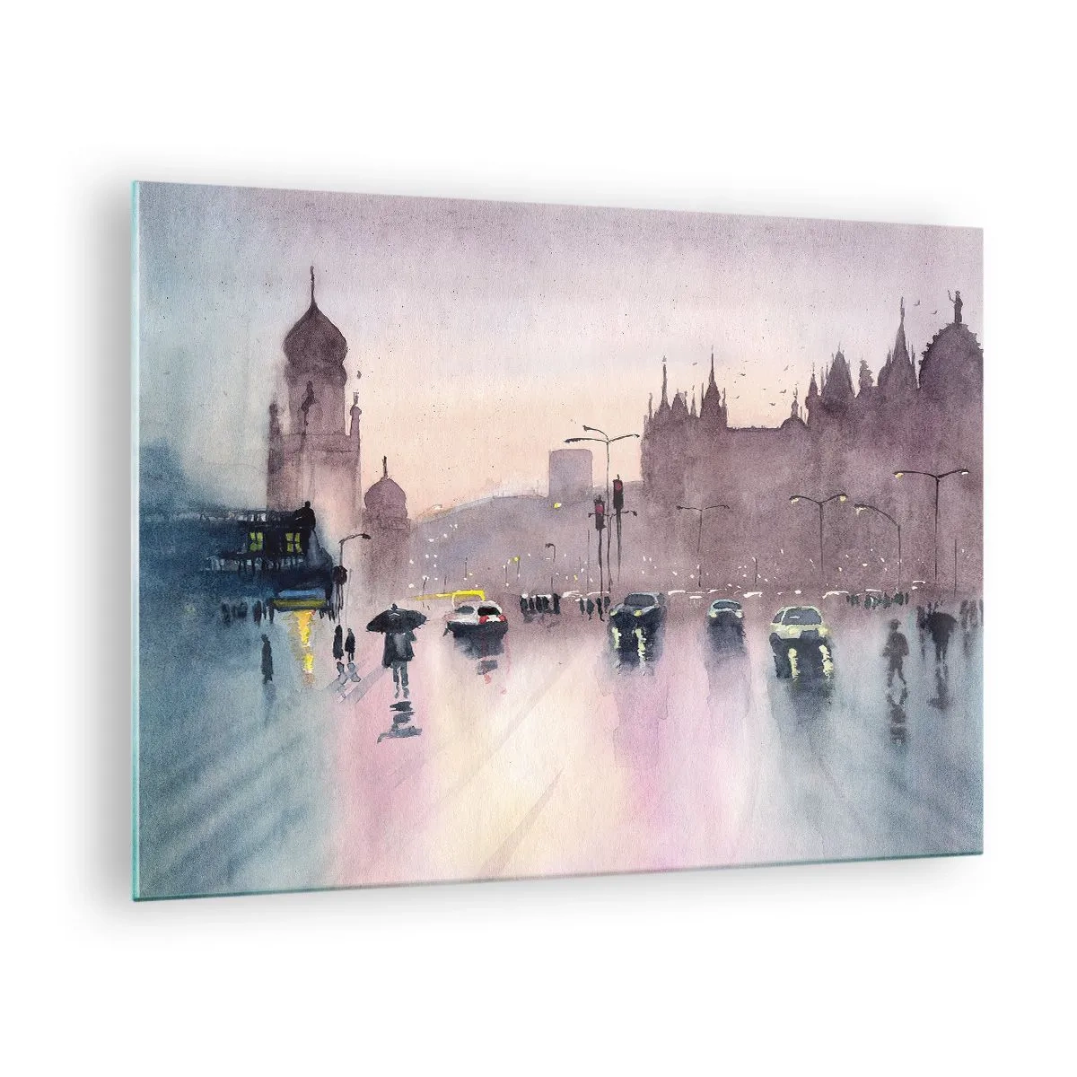 Glasbild - Bild auf glas - Regnerisches Stadtbild - 70x50cm - Im regnerischen Dunst - Moderne Wanddekoration für Wohnzimmer und Schlafzimmer ARTTOR