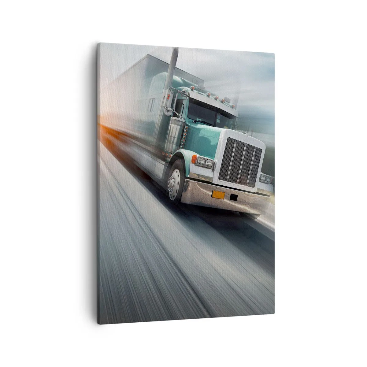 Bild auf Leinwand - Leinwandbild - Ein LKW auf der Autobahn in Bewegung bei Sonnenuntergang - 50x70cm - Der amerikanische Riese in Eile - Moderne Wanddekoration für Wohnzimmer und Schlafzimmer ARTTOR