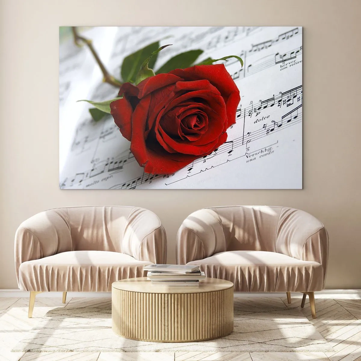 Glasbild - Bild auf glas - Eine rote Rose vor einem Hintergrund aus Musiknoten - 70x50cm - Musik der Gefühle in Scharlach - Moderne Wanddekoration für Wohnzimmer und Schlafzimmer ARTTOR