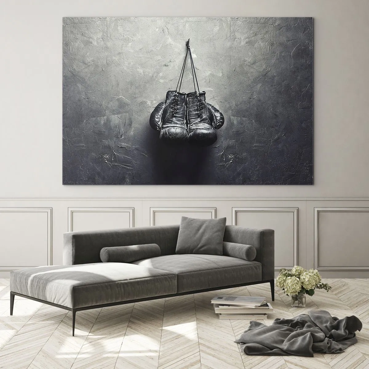Glasbild - Bild auf glas - Schwarze Boxhandschuhe hängen an der Wand - 70x50cm - Zeit des Kampfes und Zeit des Friedens - Moderne Wanddekoration für Wohnzimmer und Schlafzimmer ARTTOR