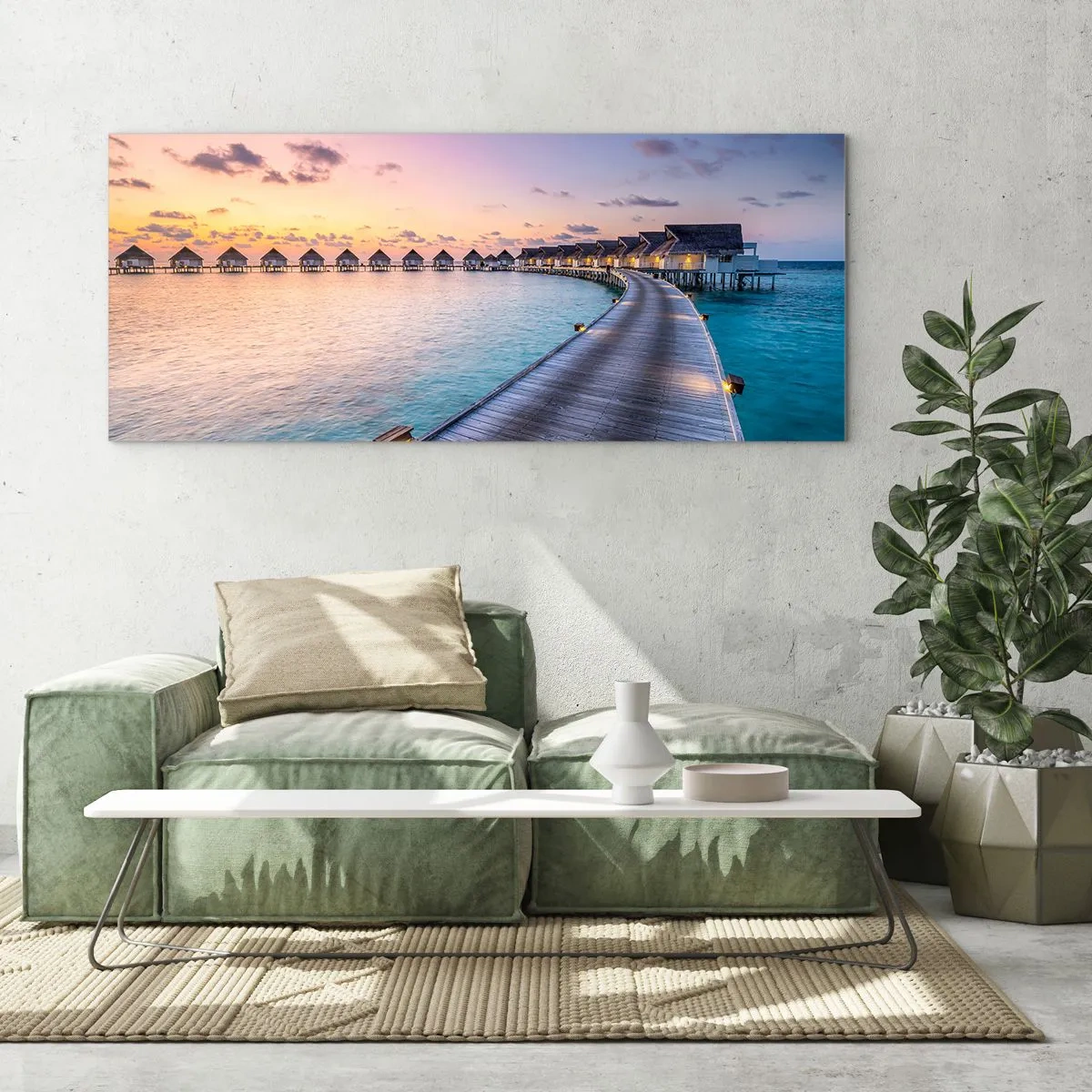 Glasbild - Bild auf glas - Der Pier, der bei Sonnenuntergang zu den Cottages am Wasser führt - 160x50cm - Urlaub - zurück zu den Quellen - Moderne Wanddekoration für Wohnzimmer und Schlafzimmer ARTTOR
