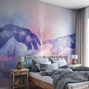 Fototapete Premium Canvas - Symbolische Hände in abstrakten Farben, die auf das Thema der Schöpfung verweisen - 100x70cm - Göttlicher Funke des Lebens - Moderne Wanddekoration für Wohnzimmer und Schlafzimmer ARTTOR