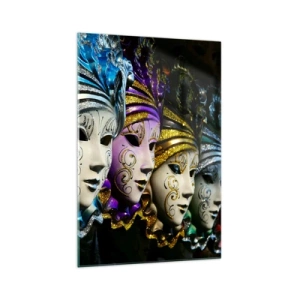 Glasbild - Bild auf glas - Venezianische Masken in verschiedenen Farben mit dekorativen Mustern - 70x100cm - Geheimnis in Gold und Silber - Moderne Wanddekoration für Wohnzimmer und Schlafzimmer ARTTOR