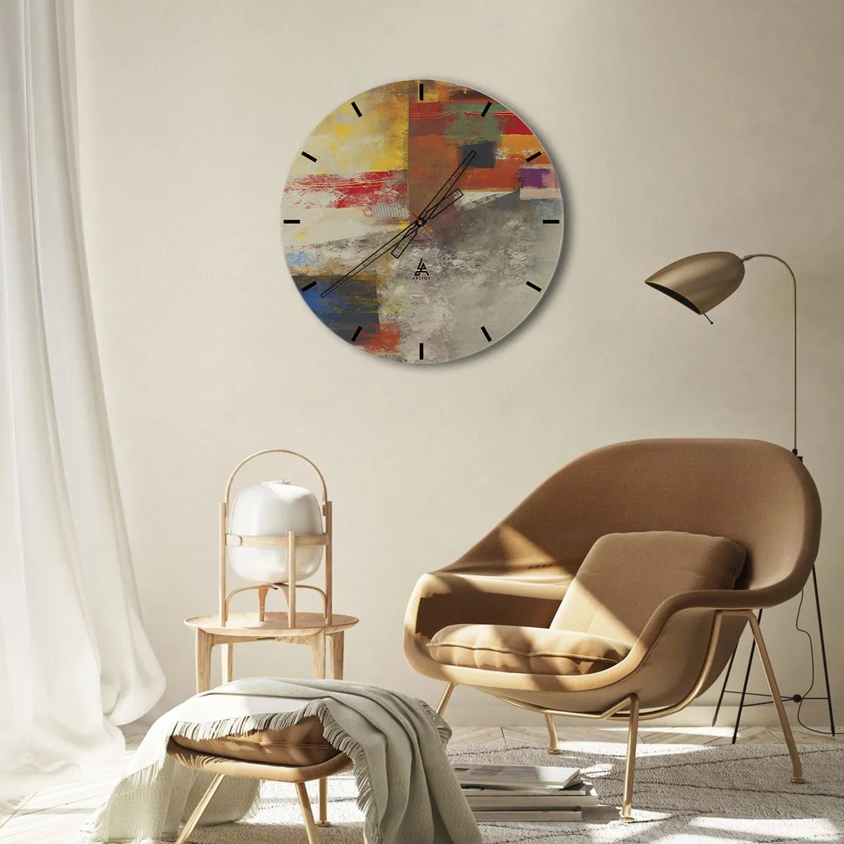 Wanduhr - Glasuhr - Bunte Abstraktion mit geometrischen Elementen - 30x30cm - Geometrie der Farben - Moderne Wanddekoration für Wohnzimmer, Küche und Schlafzimmer ARTTOR