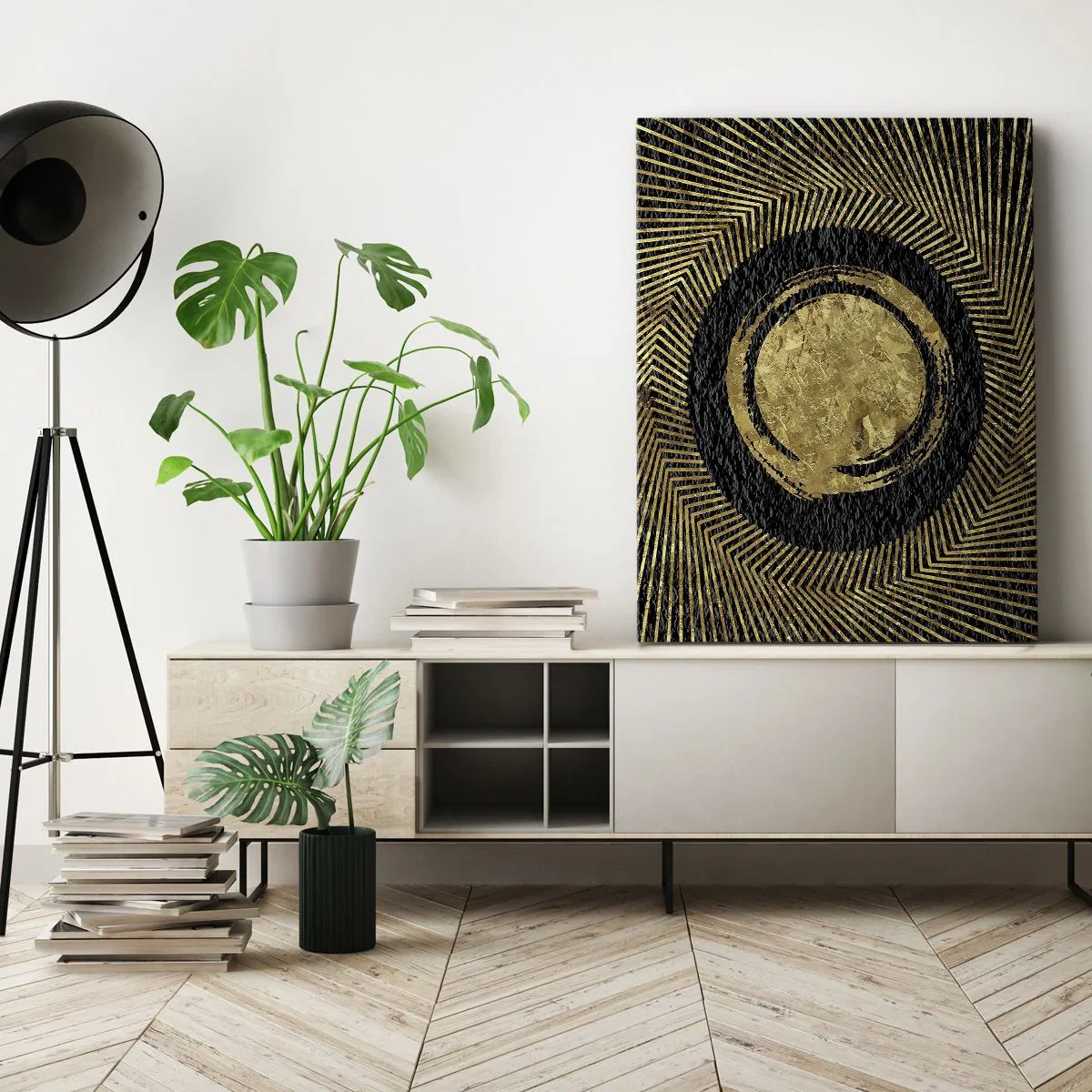 Bild auf Leinwand - Leinwandbild - Geometrische Komposition in Schwarz und Gold mit Strahlen - 50x70cm - Glamour-Komposition - Moderne Wanddekoration für Wohnzimmer und Schlafzimmer ARTTOR