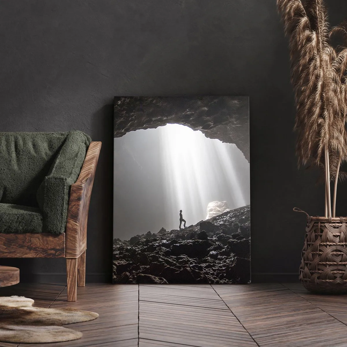 Bild auf Leinwand - Leinwandbild - Eine Figur in einer Höhle, beleuchtet von Lichtstrahlen - 50x70cm - Die leuchtende Grotte - Moderne Wanddekoration für Wohnzimmer und Schlafzimmer ARTTOR