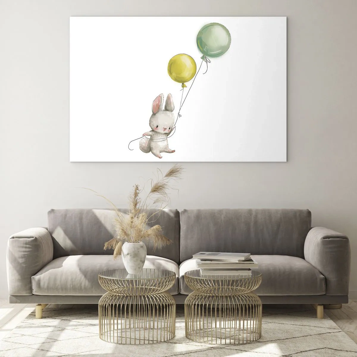 Glasbild - Bild auf glas - Ein Hase hält zwei Luftballons - 100x70cm - Ich werde auch fliegen! - Moderne Wanddekoration für Wohnzimmer und Schlafzimmer ARTTOR