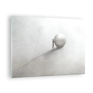 Glasbild - Bild auf glas - Eine minimalistische Silhouette eines Mannes mit einem großen Ball auf hellem Hintergrund. - 70x50cm - Das Spiel des Lebens - Moderne Wanddekoration für Wohnzimmer und Schlafzimmer ARTTOR