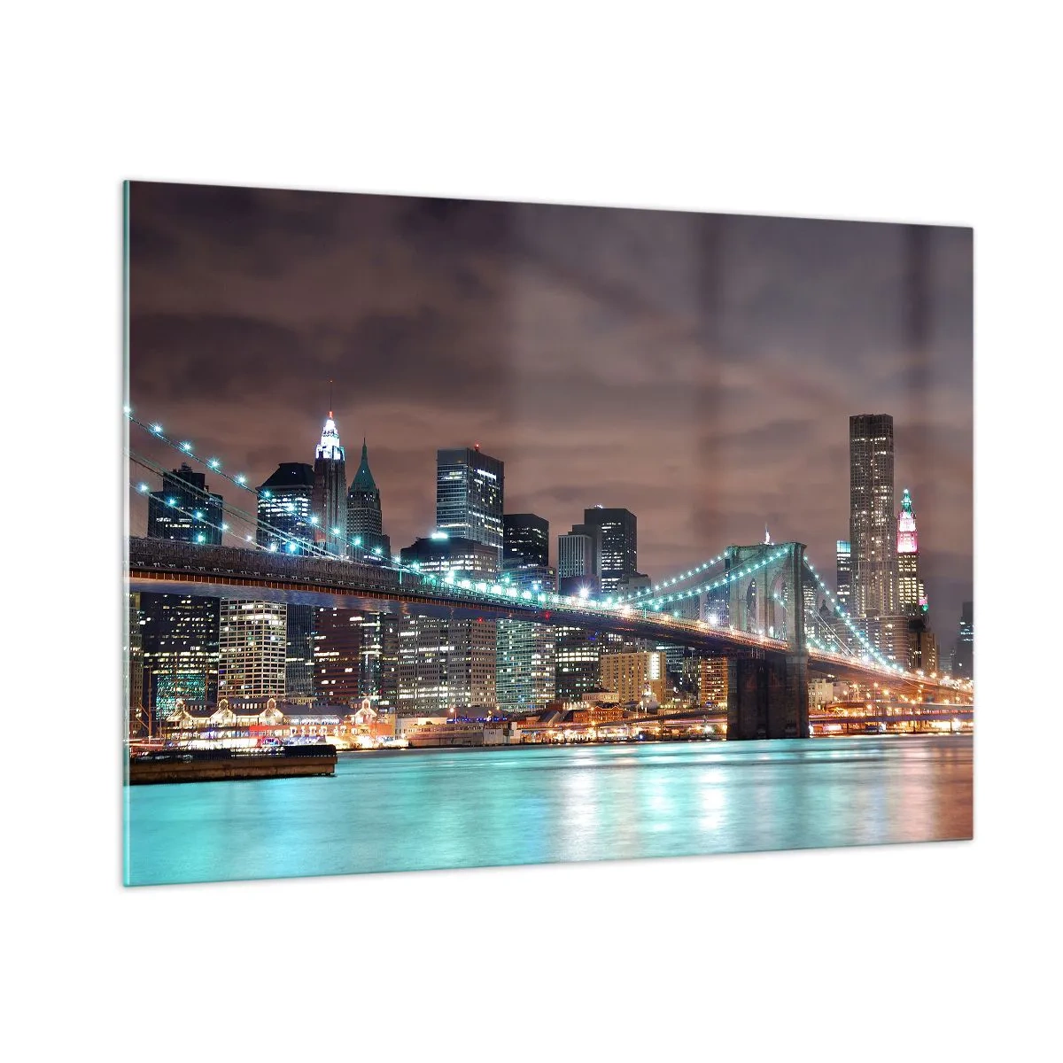 Glasbild - Bild auf glas - Nachtpanorama der Stadt mit der beleuchteten Brücke - 100x70cm - Lichter der Großstadt - Moderne Wanddekoration für Wohnzimmer und Schlafzimmer ARTTOR