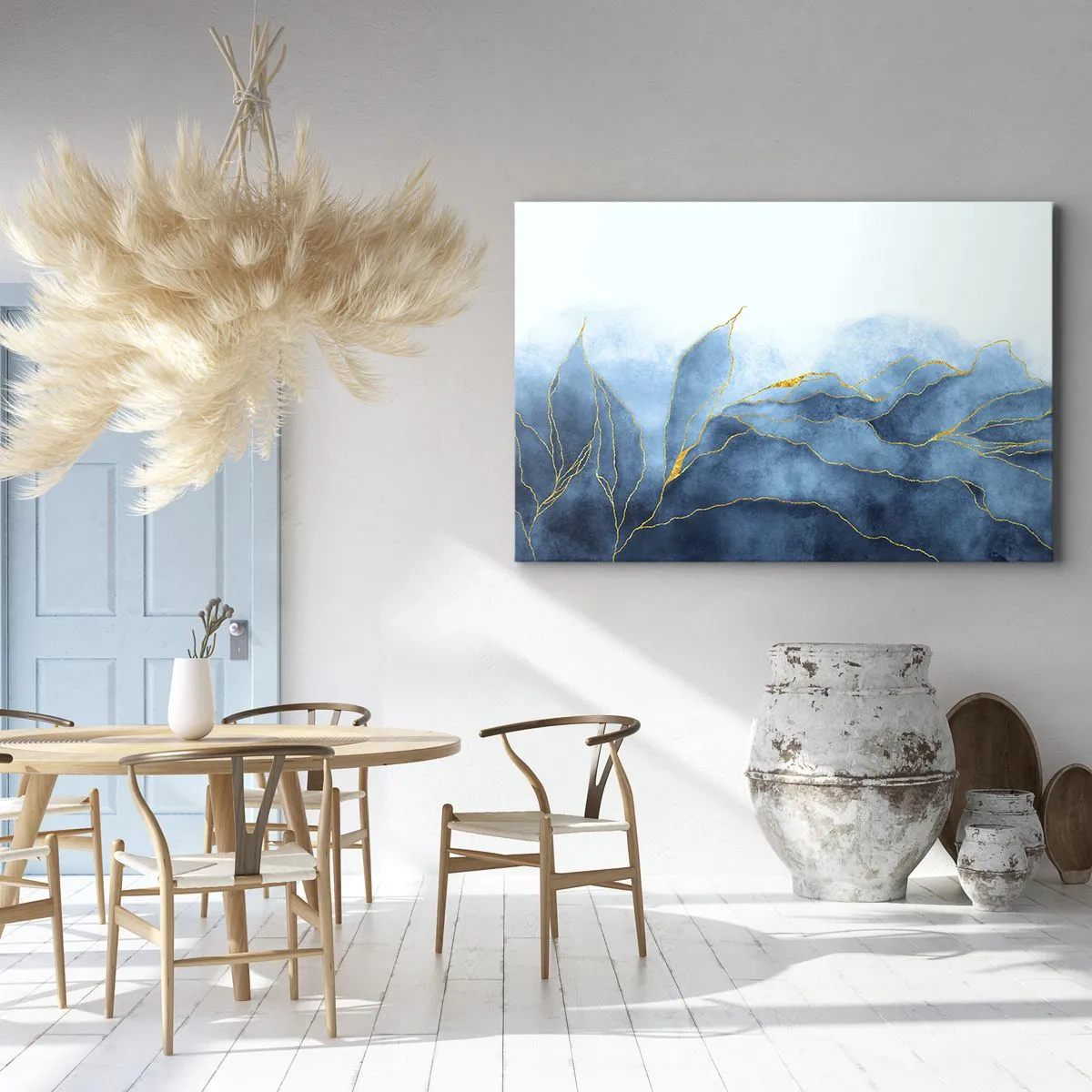 Bild auf Leinwand - Leinwandbild - Abstrakte Wellen in Blautönen mit goldenen Akzenten - 100x70cm - Blau im Gold - Moderne Wanddekoration für Wohnzimmer und Schlafzimmer ARTTOR