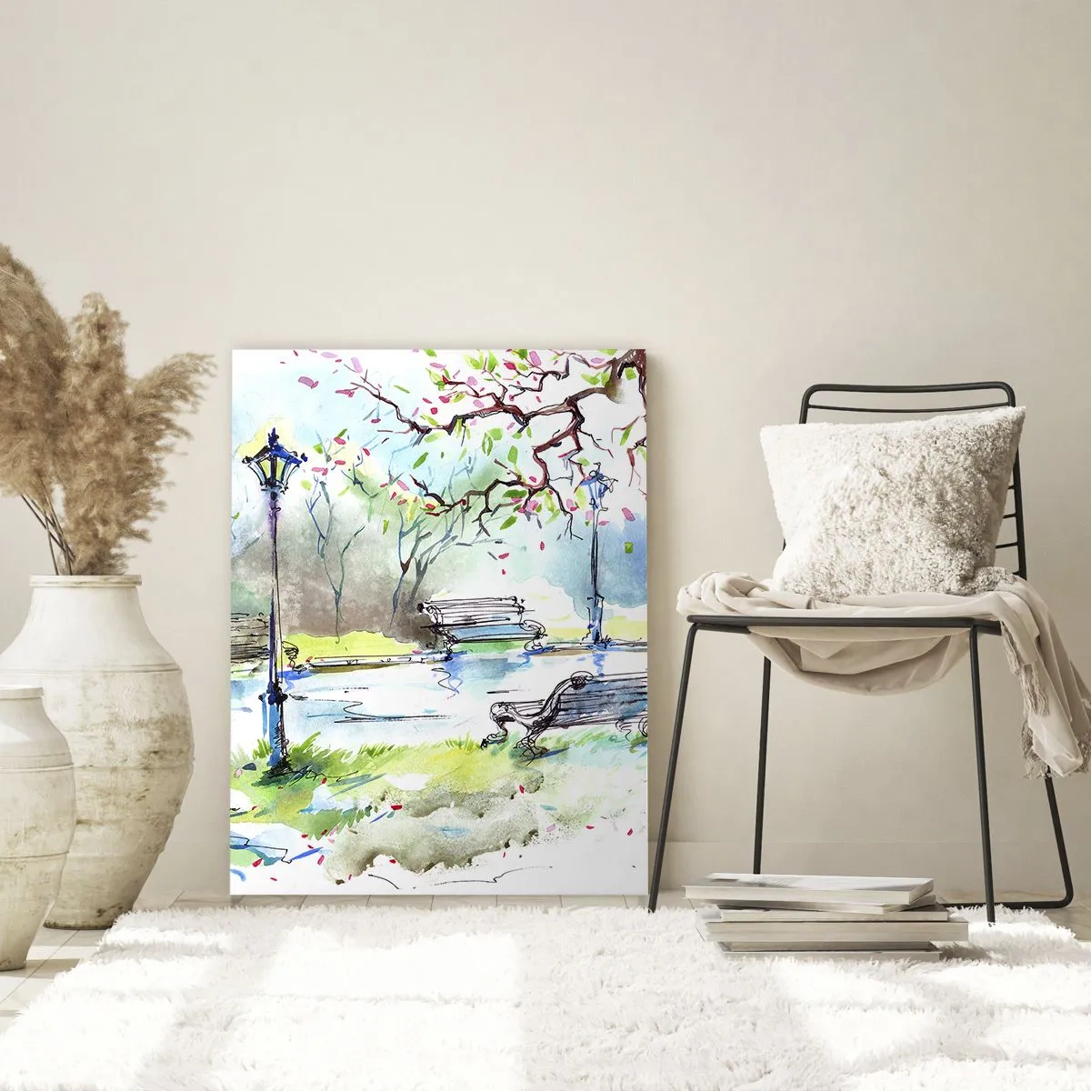 Glasbild - Bild auf glas - Aquarell einer Parkszene mit Bänken und Laternen - 50x70cm - Der Zauber der Stille des Parks - Moderne Wanddekoration für Wohnzimmer und Schlafzimmer ARTTOR