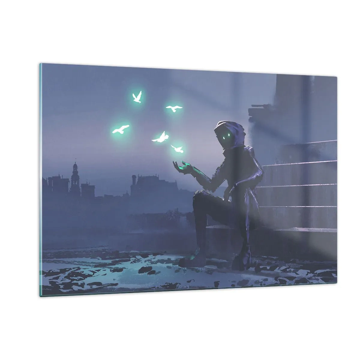 Glasbild - Bild auf glas - Eine Gestalt im Dunkeln, umgeben von schwebenden grünen Vögeln - 120x80cm - Das Leben wird zurückkommen - Moderne Wanddekoration für Wohnzimmer und Schlafzimmer ARTTOR