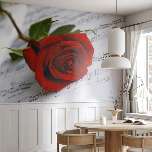 Fototapete Premium Sand - Musik der Gefühle in Scharlach - Blumen, Rose, Musik - 300x210 cm