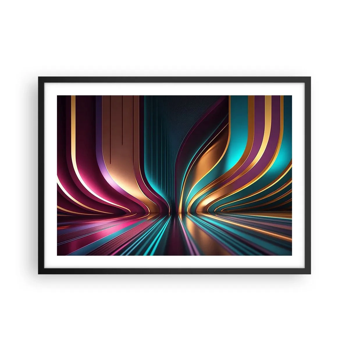 Poster in einem schwarzem Rahmen - Futuristische Abstraktion mit intensiven Farben und Kurven - 70x50cm - Architektur des Lichts - Moderne Wanddekoration für Wohnzimmer und Schlafzimmer ARTTOR
