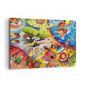 Bild auf Leinwand - Leinwandbild - Eine bunte Weltraumszene voller Kinder und Raumschiffe - 100x70cm - Tolles Weltraumabenteuer - Moderne Wanddekoration für Wohnzimmer und Schlafzimmer ARTTOR