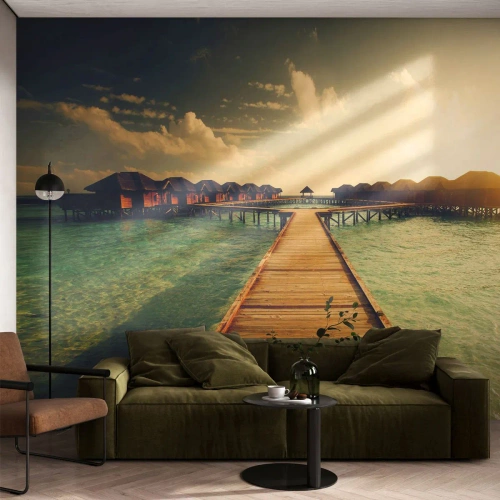 Fototapete Premium Sand - Eine herzliche Einladung - Malediven, Landschaft, Häuser am Wasser - 250x175 cm