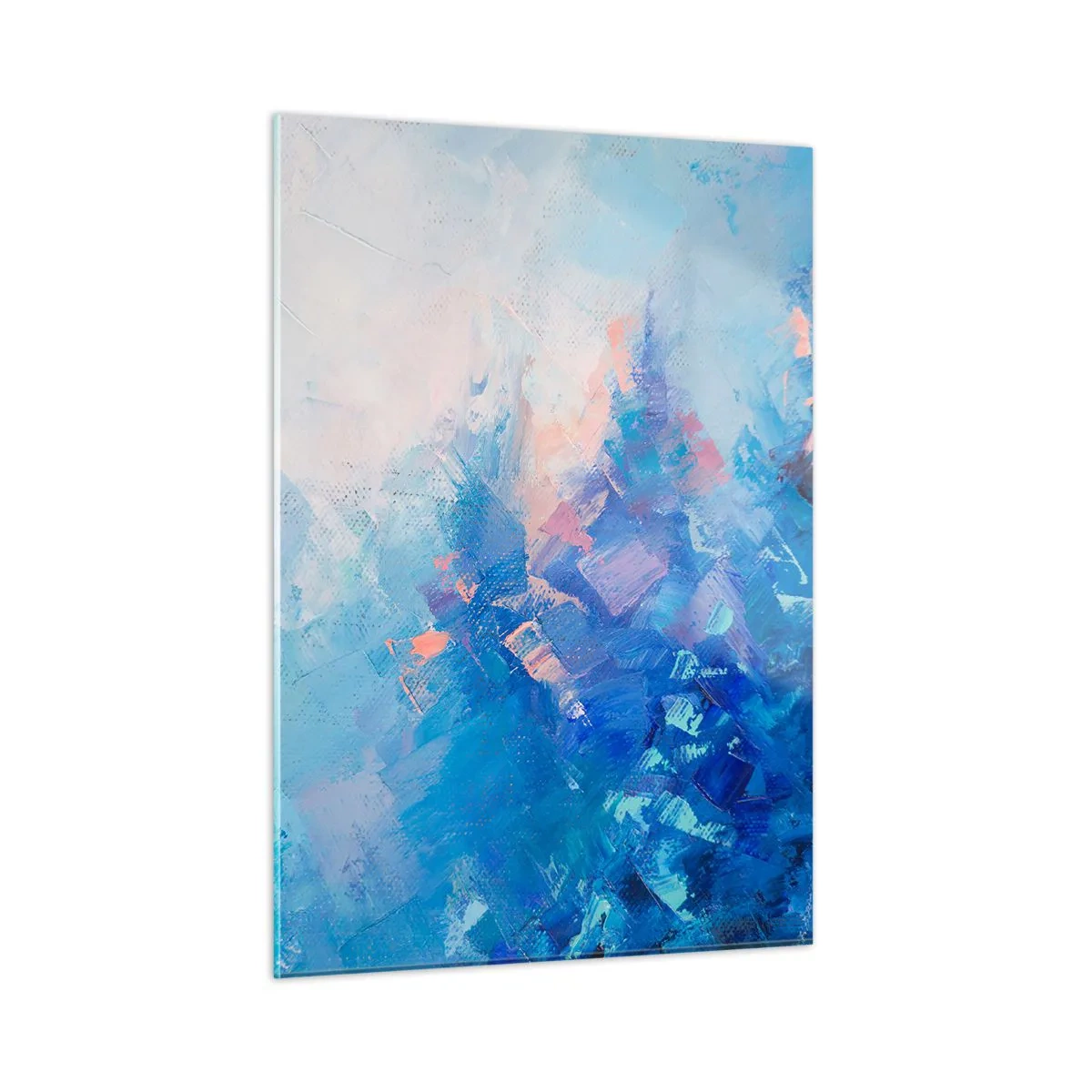 Glasbild - Bild auf glas - Abstrakte Winterlandschaft mit kühlen Blau- und zarten Rosatönen - 50x70cm - Winter-Abstraktion - Moderne Wanddekoration für Wohnzimmer und Schlafzimmer ARTTOR