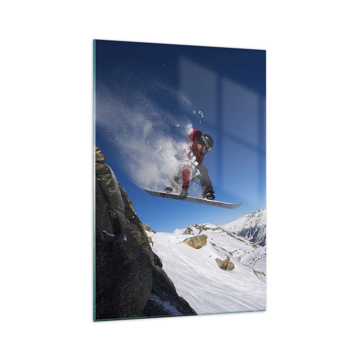 Glasbild - Bild auf glas - Ein Snowboarder springt von einem Felsen vor einer Berglandschaft - 70x100cm - Und du wurdest Teil des Raums - Moderne Wanddekoration für Wohnzimmer und Schlafzimmer ARTTOR