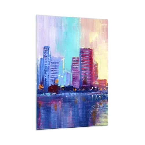 Glasbild - Bild auf glas - Eine moderne Stadt in intensiven Farben, die sich im Wasser spiegelt - 50x70cm - In Farben getaucht - Moderne Wanddekoration für Wohnzimmer und Schlafzimmer ARTTOR