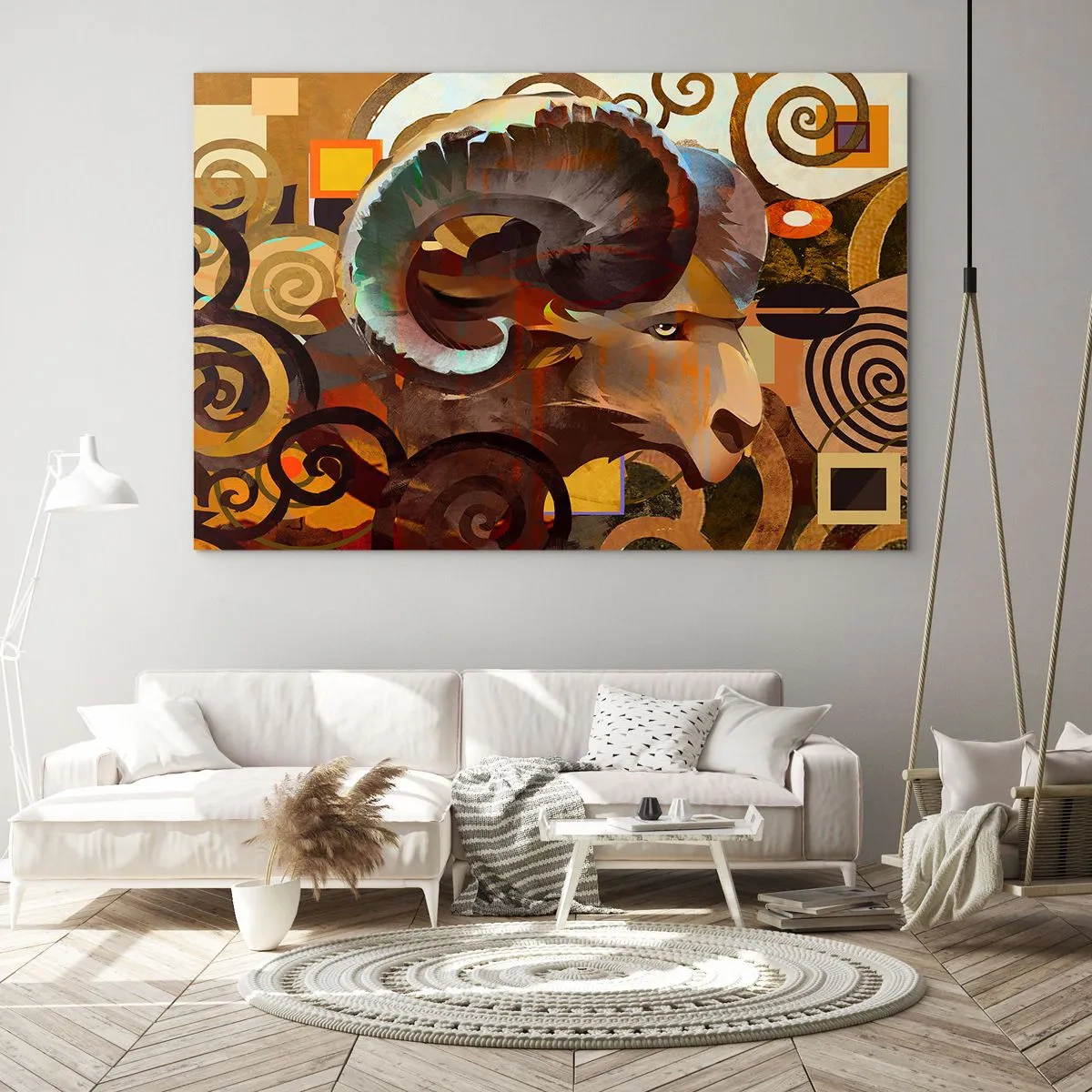 Glasbild - Bild auf glas - Ein künstlerisches Bild eines Widders in einer geometrischen und spiralförmigen Komposition. - 120x80cm - Magie - Religionen - Rituale - Moderne Wanddekoration für Wohnzimmer und Schlafzimmer ARTTOR