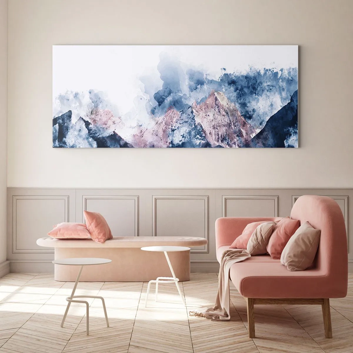 Glasbild - Bild auf glas - Aquarell Berge in Pastelltönen auf weißem Hintergrund - 120x50cm - Das sind die Spitzen! - Moderne Wanddekoration für Wohnzimmer und Schlafzimmer ARTTOR