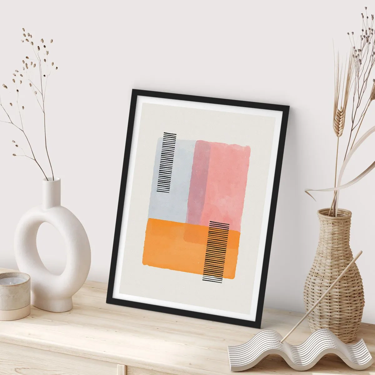Poster in einem schwarzem Rahmen - Geometrische Formen in Pastellfarben mit Linienakzenten - 50x70cm - Von Ecke zu Ecke - Moderne Wanddekoration für Wohnzimmer und Schlafzimmer ARTTOR