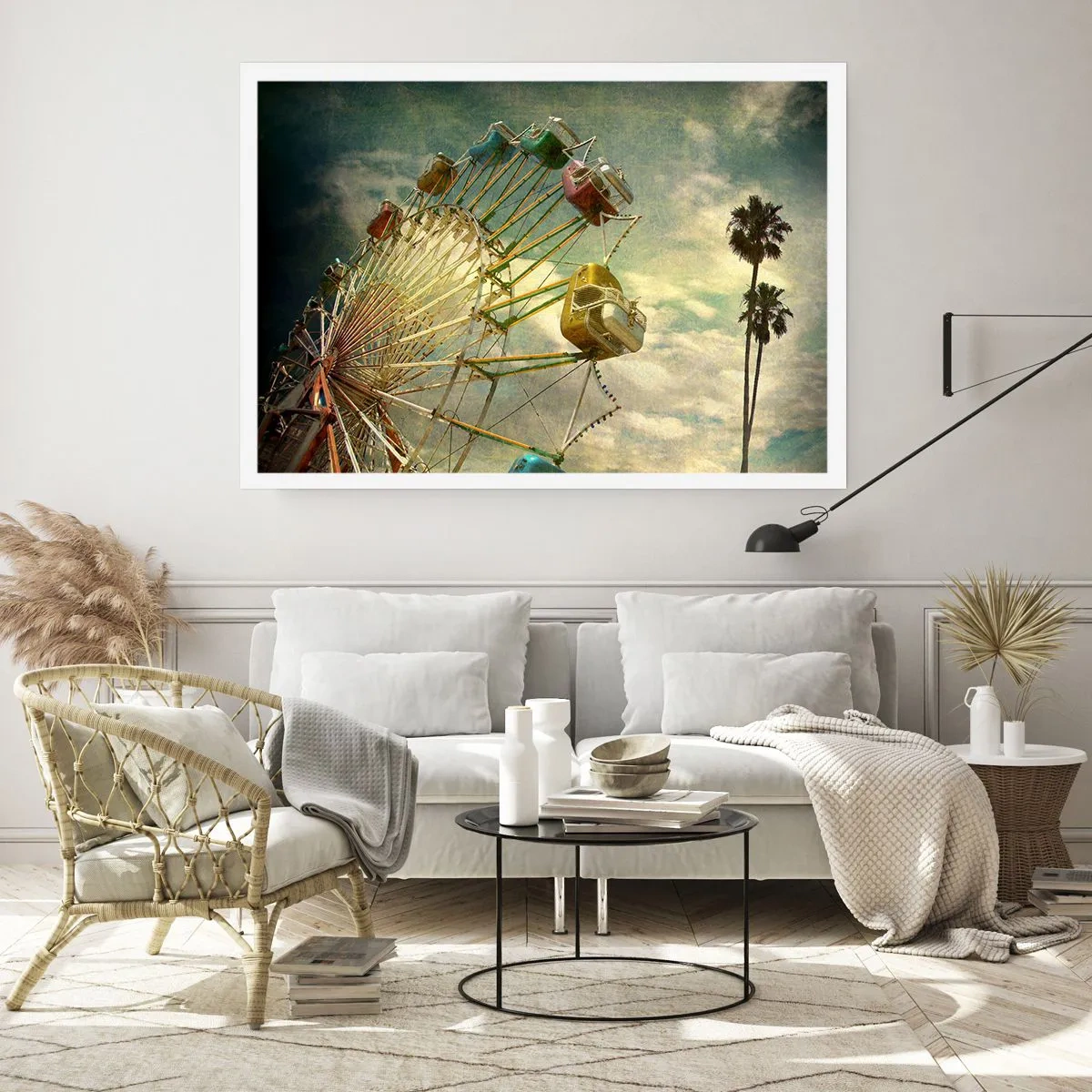 Poster - Retro-Foto von einem Riesenrad mit Palmen gegen den Himmel - 100x70cm - Es wird Spaß geben ... - Moderne Wanddekoration für Wohnzimmer und Schlafzimmer ARTTOR