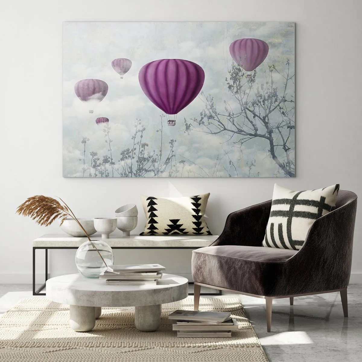 Glasbild - Bild auf glas - Lila Ballons schweben zwischen den Wolken und Ästen - 100x70cm - Wie Schiffe am Himmel - Moderne Wanddekoration für Wohnzimmer und Schlafzimmer ARTTOR