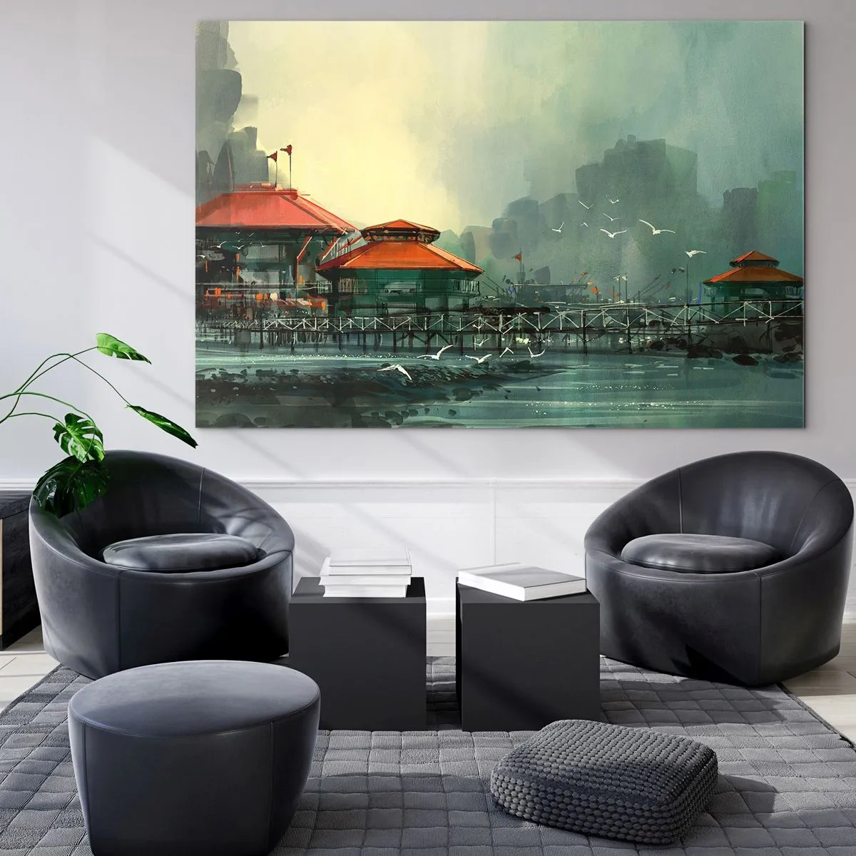 Glasbild - Bild auf glas - Hafengebäude mit roten Dächern im Nebel - 120x80cm - Ein sonniger Tag im Hafen - Moderne Wanddekoration für Wohnzimmer und Schlafzimmer ARTTOR